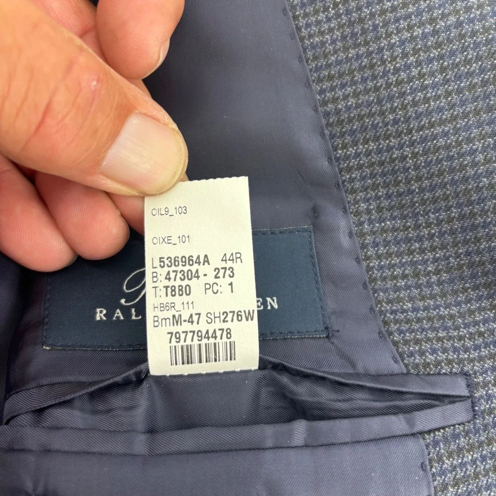 Ralph Lauren Sport Coat Mens 44R Grey Blue 100% Wool Houndstooth Blazer Designer